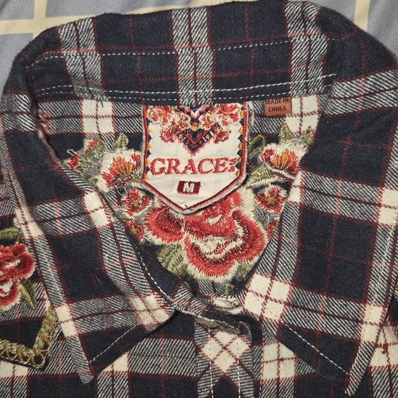 Grace Navy and Red Plaid Shirt with Floral Embroidery - Picture 2 of 7